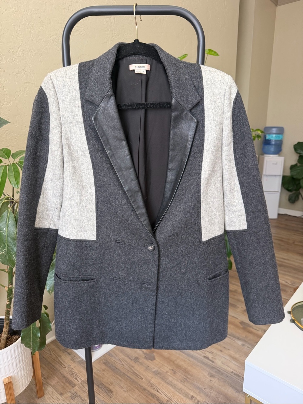 Helmut Lang Two-Tone Gray Wool Blend Blazer with Leather Trim